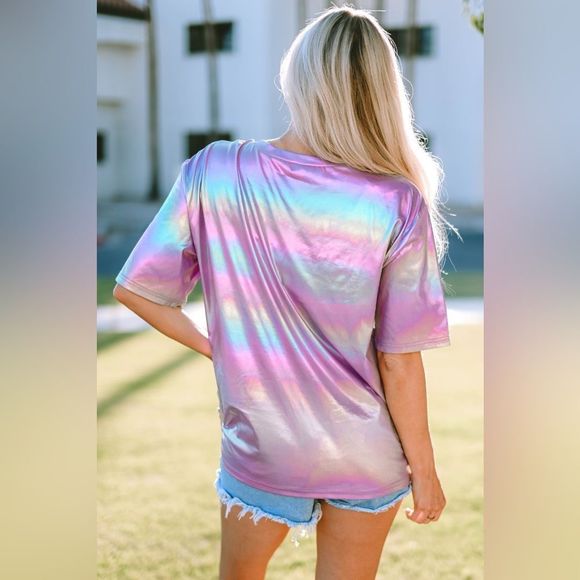 STAY WILD Round Neck Short Sleeve Holographic Tee Rainbow Mermaid Unicorn - Picture 4 of 5